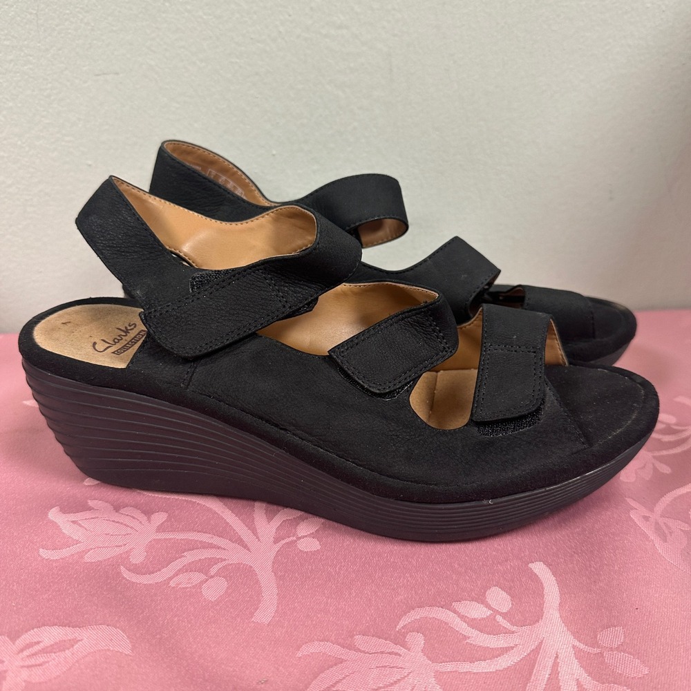 Clarks Collection Arla Glison Black Wedge Sandals Womens 8.5 M Strappy Platform